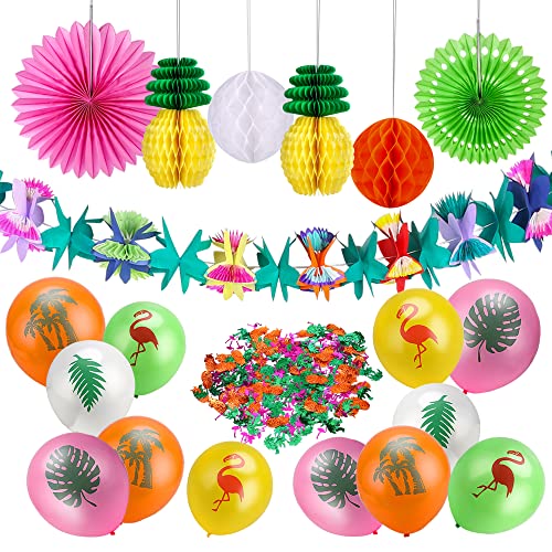 Howaf 32 Pezzi Hawaiian Beach Forniture Per Feste Decorazione, Hawaiian Fiori Ghirlanda Striscioni Ananas Di Carta E Palloncini Hawaiani Tropicali Fen