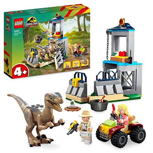 Lego 76957 Jurassic Park La Fuga Del Velociraptor, Dinosauro Giocattolo Per Bambini E Bambine Dai 4 Anni In Su, Set Con Dino, Auto Fuoristrada E 2 Min