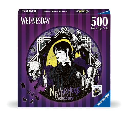 Ravensburger - Puzzle Rotondo Mercoledì Addams, Round Puzzle 500 Pezzi, Idea Regalo, Per Lei O Lui, Puzzle Adulti