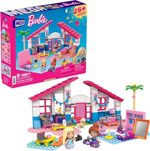 Mega Barbie - Casa Di Malibu Con Le 2 Micro-Bambole Barbie, Un Adorabile Cucciolo E Tanti Accessori, Set Da Costruzione, Giocattolo Per Bambini 5+ Ann