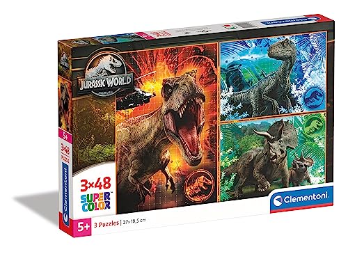 Clementoni - 25250 - Supercolor Puzzle - Jurassic World - 3 X 48 Pezzi, Puzzle Con Dinosauri, Per Bambini Dai 4 Anni In Su, Made In Italy