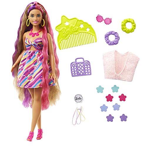 Barbie - Super Chioma Bambola Curvy Con Abito A Fiori, Capelli Fantasia Lunghi 21,6 Cm, 15 Accessori Alla Moda - 8 Con Effetto Cambia Colore, Giocatto