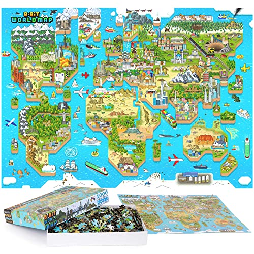 Puzzle Adulti Mappa Del Mondo 1000 Pezzi - Puzzle Mappamondo Con Cartina Geografica 8 Bit Pixel Art - Puzzle Mondo Con Mappa Di Opere D'Arte - Regalo 