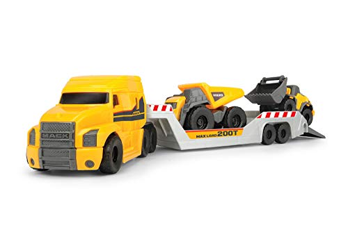 Dickie Toys Volvo Mack Truck, Con 2 Veicoli Volvo Su Rimorchio, 32 Cm, 3 Anni, 203725005, Giallo/Grigio