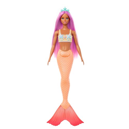 Barbie - Sirena, Bambola Capelli E Cerchietto Fantasia Rosa, Con Corpetto Ispirato Alle Stelle Marine E Morbida Coda Arancione, Giocattolo Per Bambini