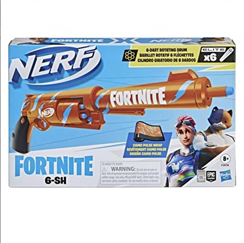 Blaster Nerf Fortnite 6-Sh - Colorazione Camo Pulse, Caricamento Con Percussore, Caricatore A Tamburo Da 6 Dardi, Include 6 Dardi Nerf Elite