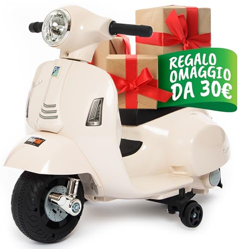 Mini Vespa Elettrica Per Bambini Con Schienale 6V Babycar - Mini Vespa Per Bambini Con Acceleratore A Pedale Con Luci E Suoni Integrati (Bianca)
