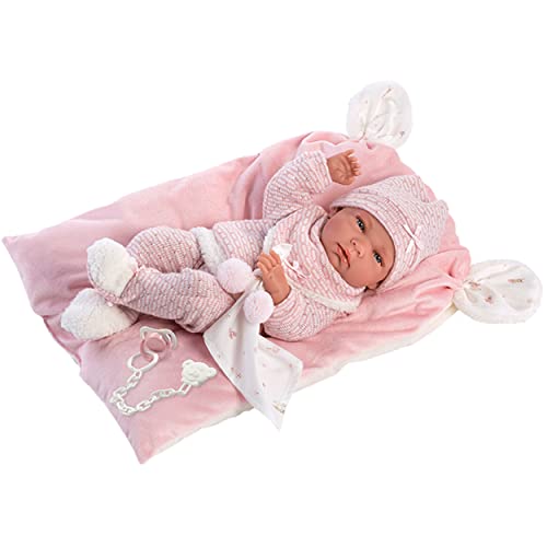Llorens 73860 - Bambola Nica Con Occhi Azzurri E Corpo In Vinile, Con Vestito Rosa, Copertura Per Ciuccio, Catenella E Cuscino Morbido, 40 Cm