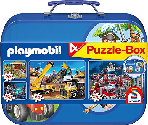 Schmidt - Playmobil Puzzle Box, Valigetta Di Metallo, 2 X 60 Pezzi/2 X 100 Pezzi