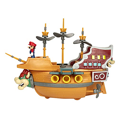 Nintendo Super Mario - Galeone Di Bowser Dotato Di Cannoni, Alberi A Elica Rotanti E Personaggio Articolato Di Super Mario Alto 6 Cm. Il Gioco Ha Effe