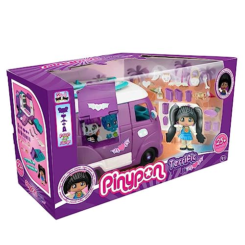 Pinypon - Terrific Van, Il Tetto Del Van Si Trasforma In Una Barca Con Scivolo, Accessori Che Si Illuminano Al Buio, Include Personaggio Mummia, Per B