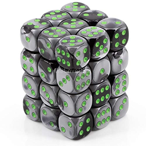Chessex Dice: Chx26845 D6 12Mm Gemini Black-Grey/Green (36)