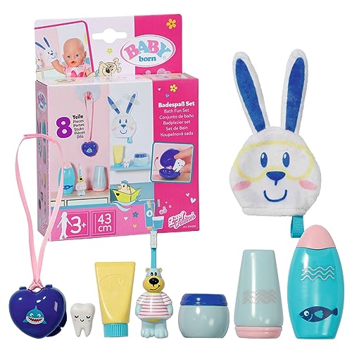 Baby Born Bath Set Per La Cura Personale 834282 - 8 Accessori Per Bambole Fino A 43 Cm - Include Spazzolino Da Denti, Salvietta, Biberon E Altro! - Ad