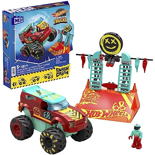 Mega Hot Wheels - Scontra E Schianta Monster Trucks Percorso Acrobazie Estreme Demo Derby, Set Da Costruire Con 151 Pezzi E 1 Micro Action Figure Incl
