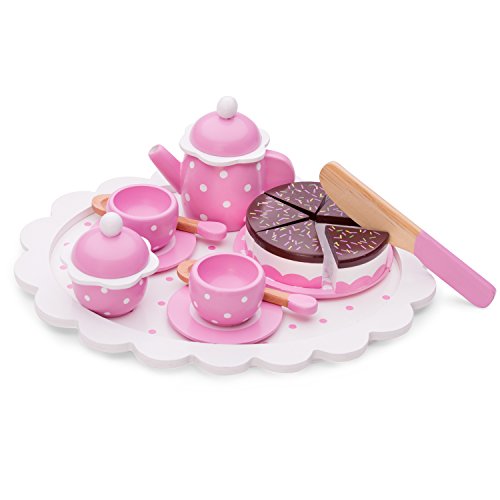 New Classic Toys- Servizio Da Tè/Caffè Con Torta Da Taglio Giocattoli Da Cucina E Cibo, Colore Rosa, 5 Pezzi, 10620
