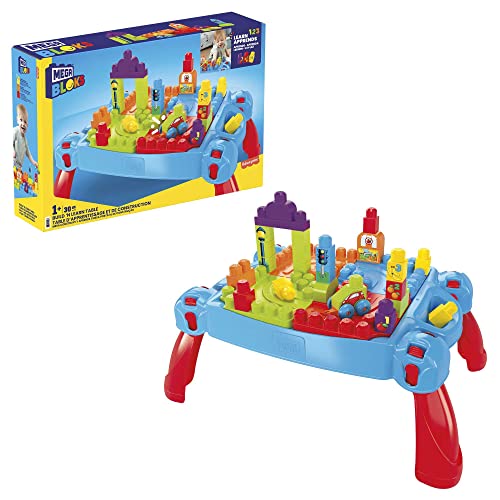 Mega Bloks- First Builders Tavolino Multi Attività Blu E Rosso, 3 In 1 Con 30 Blocchi Da Costruzione,Giocattolo Per Bambini 1+Anni, Ffg22