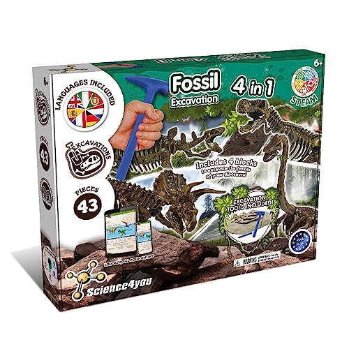 Science4You - Kit Dinosauri 4 In 1 - Fossili Da Scavare E Assemblare Di 4 Dinosauri: T Rex, Stegosauro, Triceratopo E Velociraptor - Scheletro Dinosau