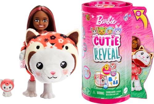 Barbie Cutie Reveal - Bambola Chelsea Con Costume Di Peluche Da Gattino-Panda Rosso E 6 Accessori A Sorpresa Cambia Colore, Serie Amici Cuccioli, Gioc