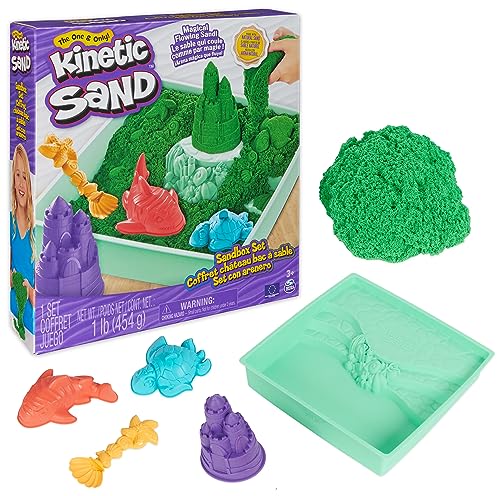Kinetic Sand, Playset Castelli Di Sabbia Verde, Sabbia Cinetica Con Vaschetta, Sabbia Magica, Sabbia Verde 454Gr, 3 Formine Incluse, Giocattoli Per Ba