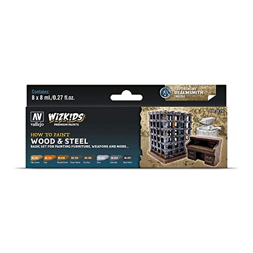 Acrylicos Vallejo Wizkids 080256 - Set Di Colori In Legno E Acciaio, 8 X 8 Ml, 8 Ml (Confezione Da 8)