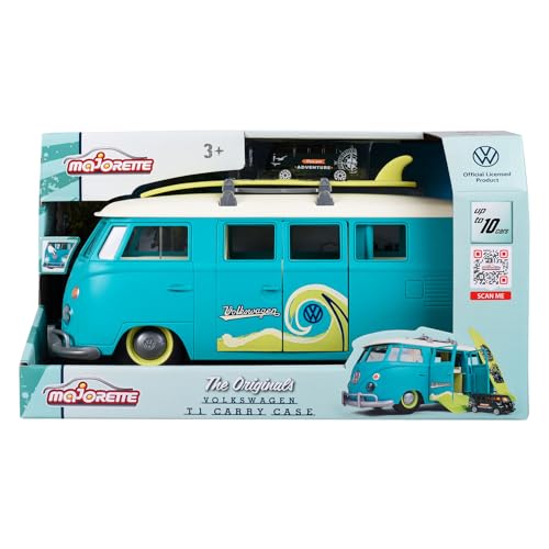 Majorette - Vw The Originals Carry Case Vw T1, 212055010, 3 Anni, Sistema A Ruota Libera, Può Contenere 9 Auto Da 7,5 Cm, Inclusa 1 Auto, Vano Motore