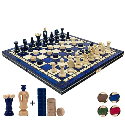 Great Kingdom 35 Cm / 13,8 Pollici Set Di Scacchi In Legno Fatti A Mano Con Dama/Dama/Dama (Blu)