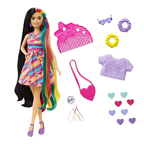 Barbie - Super Chioma Bambola Petite Con Abito A Cuori, Capelli Fantasia Lunghi 21,6 Cm, Abito, 15 Accessori Alla Moda - 8 Con Effetto Cambia Colore,