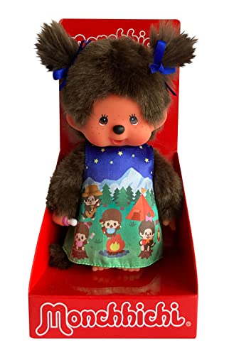 Sekiguchi 243082Originale Bambina Monchhichi, Figura Vestito E Codini Con Fiocchi, Alta Circa 20 Cm In Peluche Marrone, Multicolore, 10208802