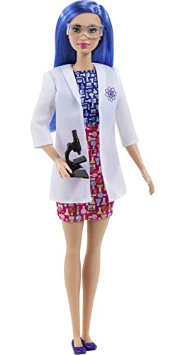 Barbie Bambola Barbie Scienziata Da 30,4 Cm, Con Capelli Blu, Abito Bicolore, Camice Da Laboratorio, Scarpe Basse, Mascherina E Microscopio, Giocattol