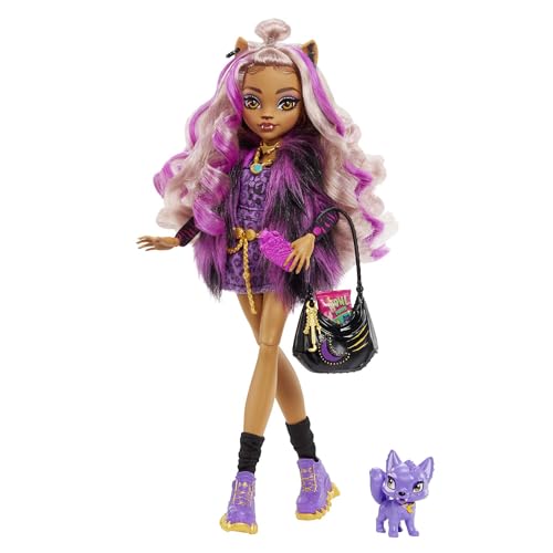 Monster High - Clawdeen, Bambola Con Accessori E Gattino, Snodata E Alla Moda Con Capelli Con Ciocche Viola, Giocattolo Per Bambini 4+ Anni, Hhk52