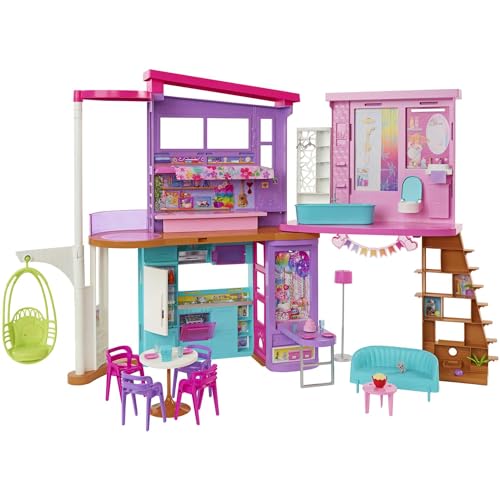 Barbie - Barbie Casa Di Malibu (106 Cm) Playset Casa Delle Bambole Con 2 Piani, 6 Stanze, Ascensore Altalena E Più Di 30 Pezzi, Giocattolo Per Bambini