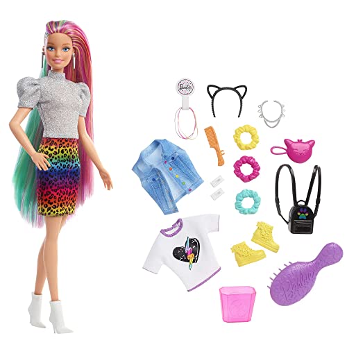 Barbie - Bambola Capelli Multicolor Con Funzione Cambia Colore, Include Cerchietto E Borsa A Forma Di Gatto E Accessori A Tema Leopardo, Giocattolo P