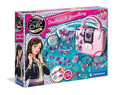 Clementoni- Crazy Chic-The Jewellery Workshop-Made In Italy-Borsetta Gioielli Bambina 7 Anni-Gioco Crea Braccialetti, Multicolore, 18598