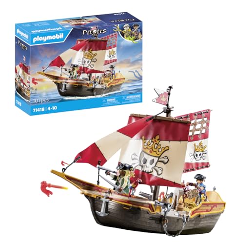 Playmobil Pirates 71418 Nave Pirata, Emozionanti Avventure Piratesche, Playset Con Molti Accessori Come Un Telescopio, Una Bussola E Cannoni, Giocatto