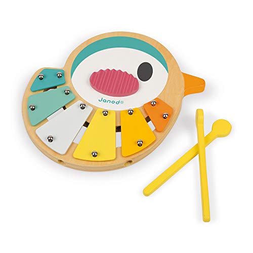 Janod - Xilofono Uccellino Pure In Legno - Giocattolo In Legno Didattico Musicale - Xilofono Per Bambini A Forma Di Uccello, 6 Toni - Design Attuale,