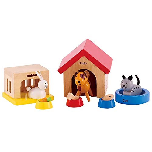 Hape Family Pets , Complete Your Wooden Dolls House With Happy Dog, Cat, Bunny Pet Set With Complimentary Houses And Food Bowls