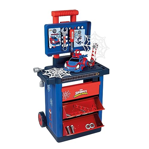 Smoby - Spidey Workshop Cart, 7600360214, 3 Anni, Carrello Fai Da Te, Auto Spidey Da Costruire, 17 Accessori