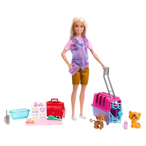Barbie Carriere - Salvataggio E Recupero Animali, Playset Con Bambola Bionda, Scimmietta E Cucciolo Di Tigre, Trasportino E Accessori Inclusi, Giocatt