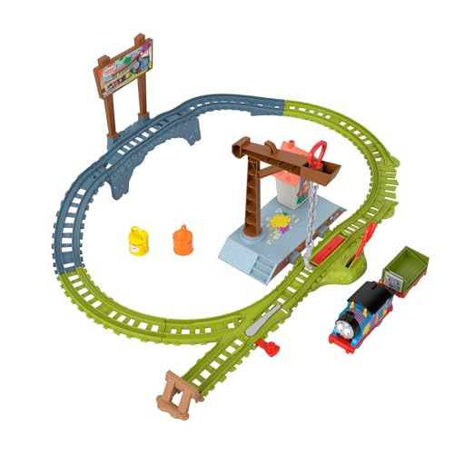 Il Trenino Thomas - Pista Avventure A Colori, Playset Lungo 1,5 Metri Con 2 Taniche Vernice, Locomotiva Thomas A Pile E Vagone Combina Guai, Giocattol