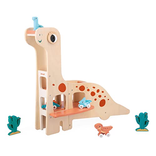 Janod Garage Dino Diplodoco Per Bambini-4 Dinosauri Su Ruote E 2 Cactus-Sviluppa Le Abilità Fino-Motorie-Legno Fsc-Dai 24 Mesi, J05835, Multicolore