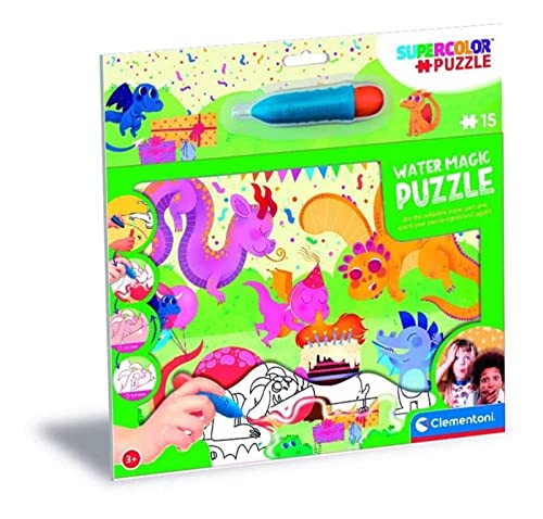 Clementoni Baby Dragons-15 Pezzi-Made In Italy, Bambini 3 Anni, Colorare (Pittura Ad Acqua), Water Magic Pen, Puzzle Cartoni Animati, Multicolore, Med
