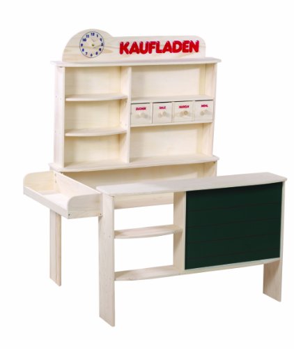 Roba Negozio Giocattolo Per Bambini - Con 4 Cassetti, Orologio, Lavagna, Bancone Frontale E Bancone Laterale - Gioco Olistico - Legno Naturale