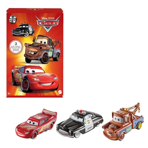 Disney Pixar Cars- Confezione Da 3 Veicoli Radiator Springs, Con Macchinine Saetta Mcqueen, Sceriffo E Cricchetto, Giocattolo Per Bambini 3+ Anni, Hbw