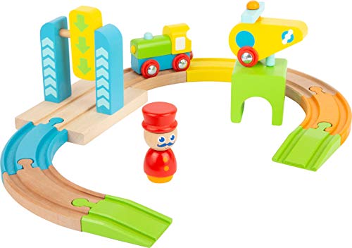 Small Foot-11493 Set Trenino In Legno, Con Locomotiva Ed Elicottero, In Colori Vivaci, Per Bambini Piccoli A Partire Da 1 Anno Giocattoli, Multicolore