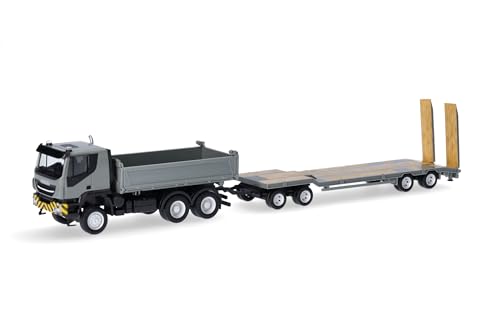 Herpa Modello Di Camion Iveco Trakker 6X6 Kipper-Lkw Mit Tu4-Anhänger, Grau/Gelb, In Scala 1:87, Pezzo Da Collezione, Modello Tedesco, Statuetta Plast
