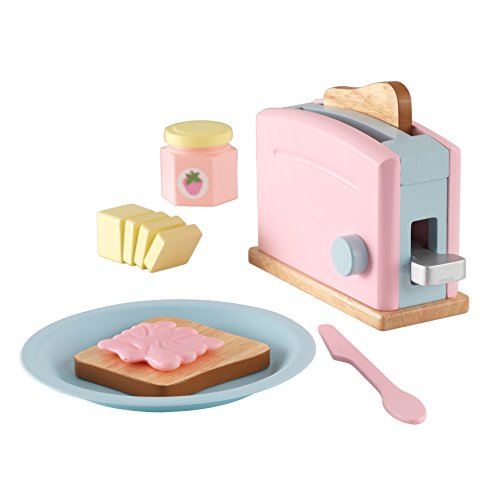 Kidkraft Set Tostapane Giocattolo Pastello In Legno, Set Mini Elettrodomestici Con Cibo Giocattolo Per Cucina Per Bambini, Accessori Cucina Bambini, 6
