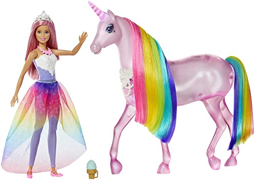 Barbie - Dreamtopia Bambola Barbie Pricipessa Con Capelli Rosa E Unicorno Magico Con Criniera Arcobaleno, Luci, Suoni E Oltre 25 Funzoni, Giocattolo P
