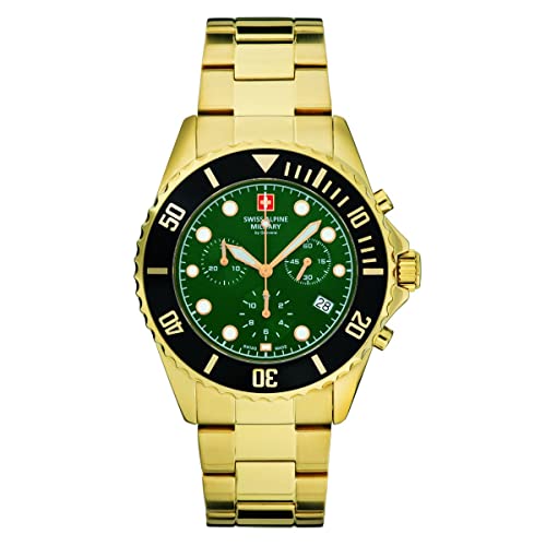 Swiss Alpine Military 7053.9 - Orologio Da Uomo, Cronografo Analogico Al Quarzo, In Acciaio Inox, Oro/Nero/Verde - 9114Sam