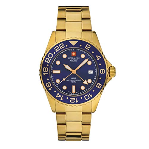 Swiss Alpine Military 7052 - Orologio Analogico Al Quarzo, Gmt, Da Uomo, In Acciaio Inox, Oro/Nero/Blu – 1115Sam.