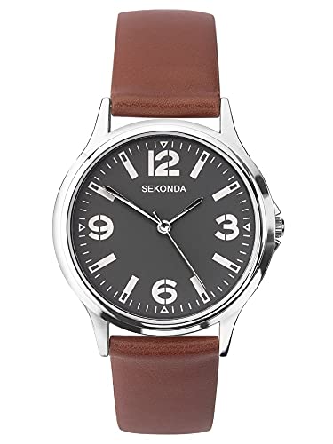 Sekonda Mens Tono Argento Cinturino In Pelle Marrone Orologio 1682